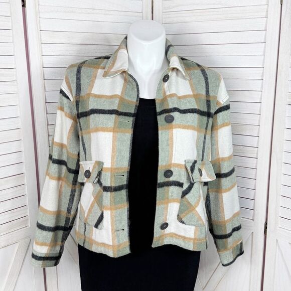Zara Plaid Flannel Wool Blend Crop Shacket Jacket Green Ivory Large - Picture 1 of 12